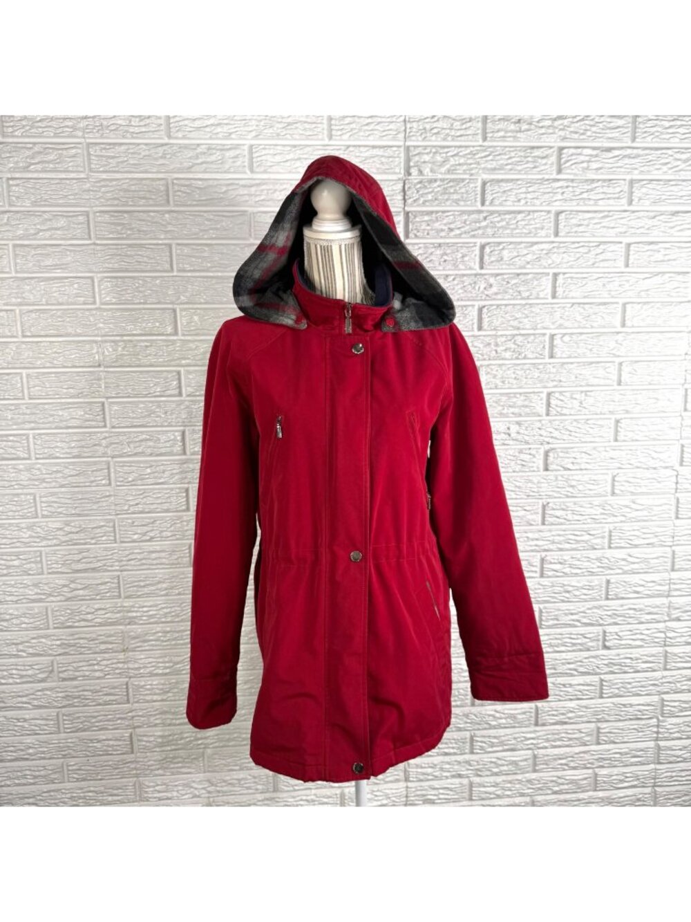 Nautica Womens Red Water-Resistant Coat with Removable Flannel Lining Hood Small